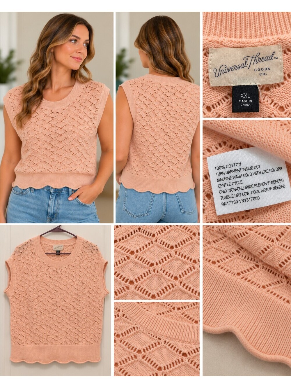 Universal Thread XXL Peach Pink Open Knit Sweater Vest 100% Cotton Sleeveless